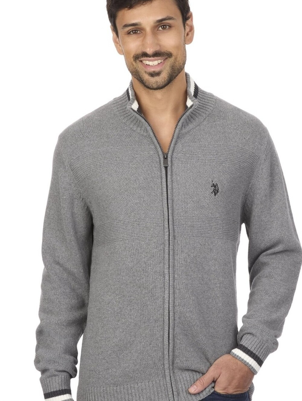 U.S. Polo Assn. Men’s Gray Textured Chest Stripe Full-Zip Sweater, NWT Size M
